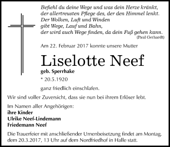 Traueranzeige von Liselotte Neef von Mitteldeutsche Zeitung Halle/Saalkreis