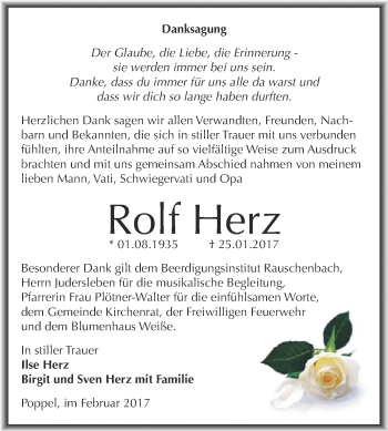 Traueranzeige von Rolf Herz von WVG - Wochenspiegel NMB / WSF / ZTZ