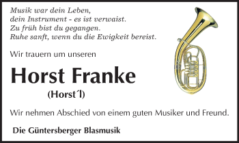 Traueranzeige von Horst Franke von Mitteldeutsche Zeitung Quedlinburg