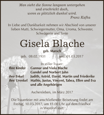 Traueranzeige von Gisela Blache von Super Sonntag SGH Mansf. Land