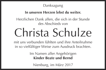 Traueranzeige von Christa Schulze von Super Sonntag Bernburg