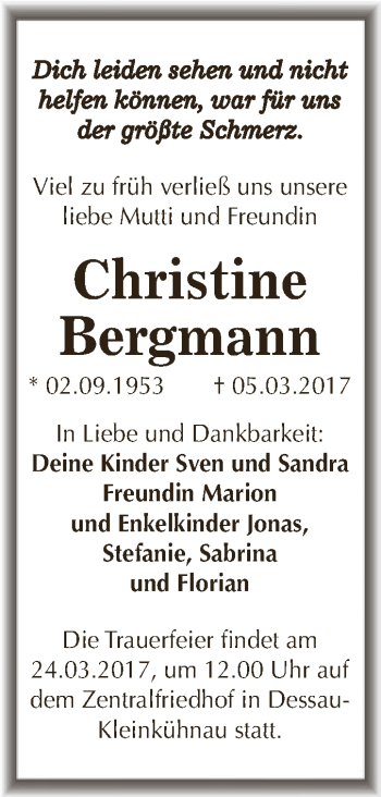 Traueranzeige von Christine Bergmann von WVG - Wochenspiegel Dessau / Köthen