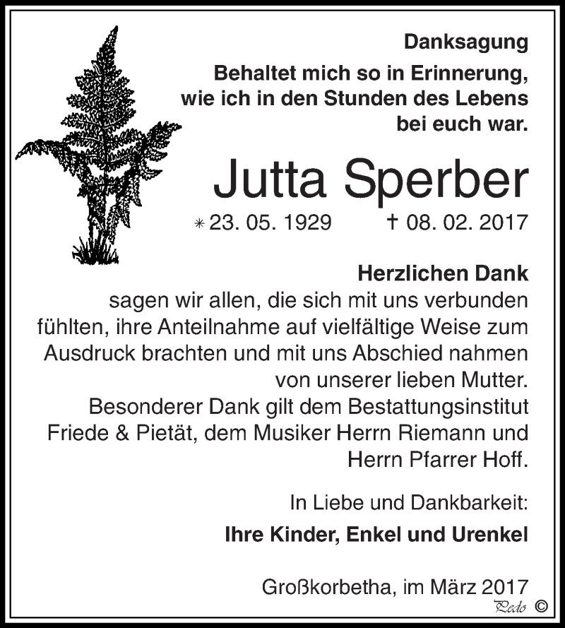  Traueranzeige für Jutta Sperber vom 22.03.2017 aus WVG - Wochenspiegel NMB / WSF / ZTZ