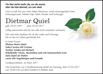 Traueranzeige von Dietmar Quiel von Mitteldeutsche Zeitung Köthen