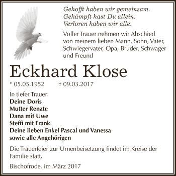 Traueranzeige von Eckhard Klose von Super Sonntag SGH Mansf. Land
