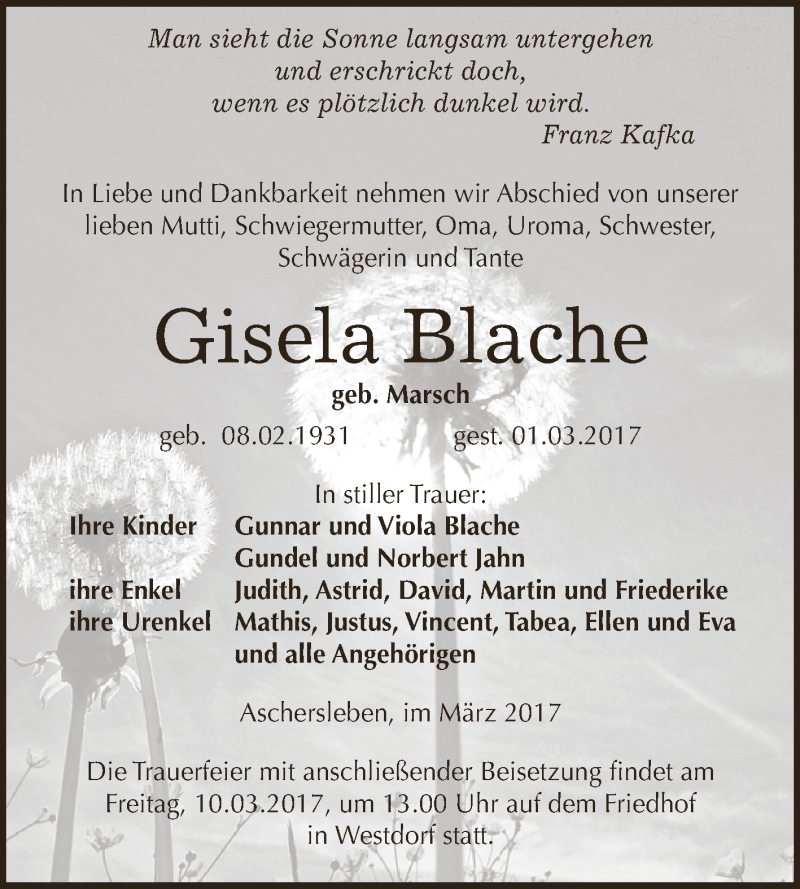  Traueranzeige für Gisela Blache vom 04.03.2017 aus Super Sonntag SGH Mansf. Land