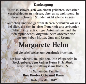 Traueranzeige von Margarete Helm von Mitteldeutsche Zeitung Quedlinburg