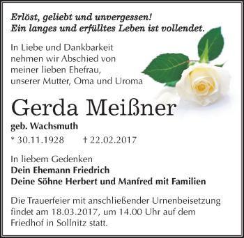 Traueranzeige von Gerda Meißner von Mitteldeutsche Zeitung Dessau-Roßlau
