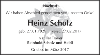 Traueranzeige von Heinz Scholz von Super Sonntag Wittenberg