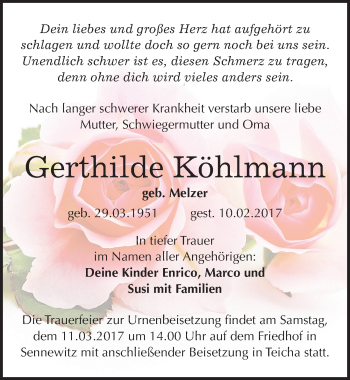 Traueranzeige von Gerthilde Köhlmann von Mitteldeutsche Zeitung Halle/Saalkreis
