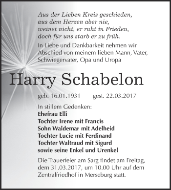 Traueranzeige von Harry Schabelon von Super Sonntag Halle