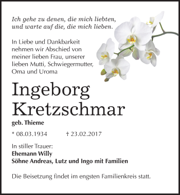 Traueranzeige von Ingeborg Kretzschmar von Mitteldeutsche Zeitung Halle/Saalkreis