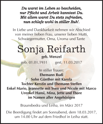 Traueranzeige von Sonja Reifarth von Mitteldeutsche Zeitung Merseburg/Querfurt