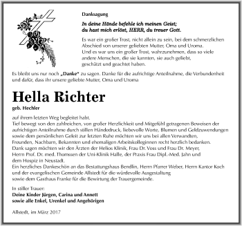 Traueranzeige von Hella Richter von Mitteldeutsche Zeitung Sangerhausen