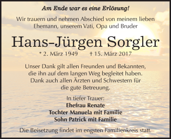 Traueranzeige von Hans-Jürgen Sorgler von Mitteldeutsche Zeitung Halle/Saalkreis