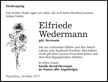 Traueranzeige von Elfriede Wedermann von Mitteldeutsche Zeitung Naumburg/Nebra