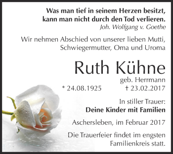 Traueranzeige von Ruth Kühne von Super Sonntag SGH Mansf. Land