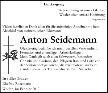 Traueranzeige von Anton Seidemann von Mitteldeutsche Zeitung Bitterfeld