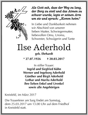 Traueranzeige von Ilse Aderhold von Mitteldeutsche Zeitung Mansfelder Land