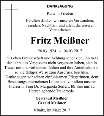 Traueranzeige von Fritz Meißner von WVG - Wochenspiegel Bitterfeld