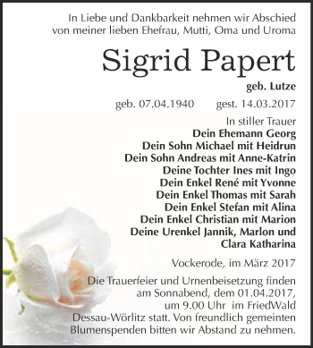 Traueranzeige von Sigrid Papert von Super Sonntag Wittenberg