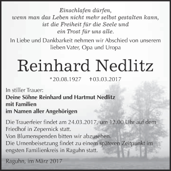 Traueranzeige von Reinhard Nedlitz von WVG - Wochenspiegel Bitterfeld