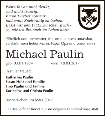 Traueranzeige von Michael Paulin von Super Sonntag SGH Mansf. Land