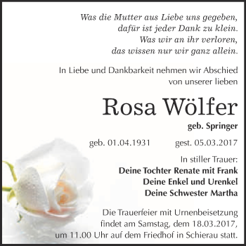 Traueranzeige von Rosa Wölfer von WVG - Wochenspiegel Bitterfeld