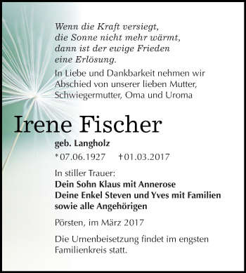 Traueranzeige von Irene Fischer von WVG - Wochenspiegel NMB / WSF / ZTZ