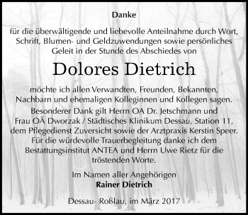 Traueranzeige von Dolores Dietrich von Mitteldeutsche Zeitung Dessau-Roßlau