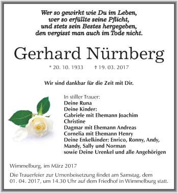 Traueranzeige von Gerhard Nürnberg von Mitteldeutsche Zeitung Mansfelder Land