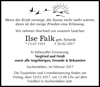 Traueranzeige von Ilse Falk von Mitteldeutsche Zeitung Aschersleben