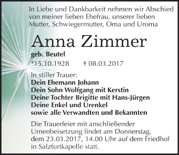 Traueranzeige von Anna Zimmer von Mitteldeutsche Zeitung Bitterfeld