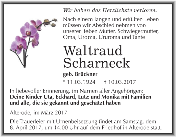 Traueranzeige von Waltraud Scharneck von Super Sonntag SGH Mansf. Land