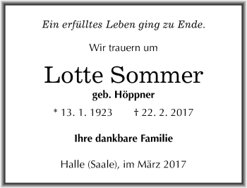 Traueranzeige von Lotte Sommer von Mitteldeutsche Zeitung Halle/Saalkreis