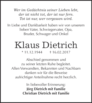 Traueranzeige von Klaus Dietrich von Super Sonntag Wittenberg