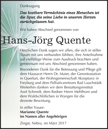 Traueranzeige von Hans-Jörg Quente von Mitteldeutsche Zeitung