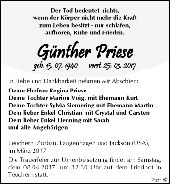 Traueranzeige von Günther Priese von Mitteldeutsche Zeitung Weißenfels