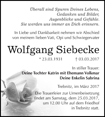 Traueranzeige von Wolfgang Siebecke von WVG - Wochenspiegel NMB / WSF / ZTZ