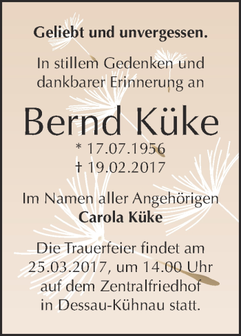 Traueranzeige von Bernd Küke von WVG - Wochenspiegel Dessau / Köthen