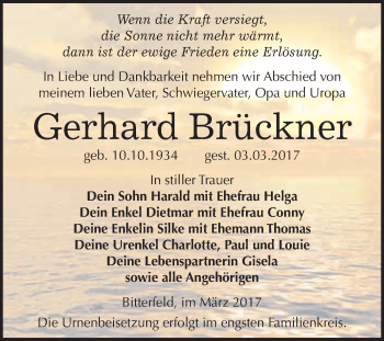 Traueranzeige von Gerhard Brückner von WVG - Wochenspiegel Bitterfeld
