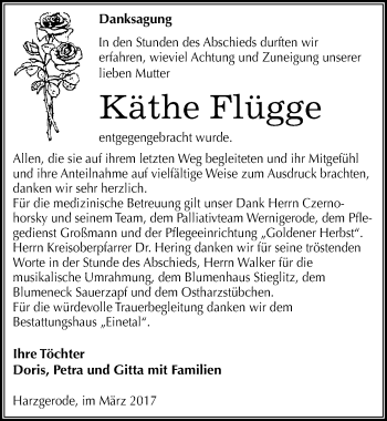 Traueranzeige von Käthe Flügge von Mitteldeutsche Zeitung Quedlinburg