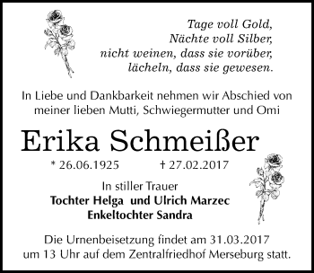 Traueranzeige von Erika Schmeißer von Mitteldeutsche Zeitung Merseburg/Querfurt