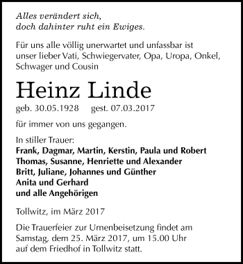 Traueranzeige von Heinz Linde von Mitteldeutsche Zeitung Merseburg/Querfurt