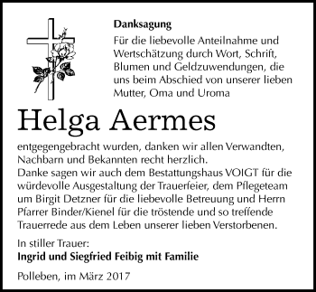 Traueranzeige von Helga Aermes von Mitteldeutsche Zeitung Mansfelder Land