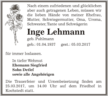 Traueranzeige von Inge Lehmann von WVG - Wochenspiegel Dessau / Köthen