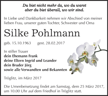 Traueranzeige von Silke Pohlmann von Super Sonntag Zeitz