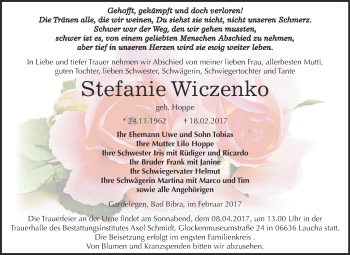 Traueranzeige von Stefanie Wiczenko von WVG - Wochenspiegel NMB / WSF / ZTZ