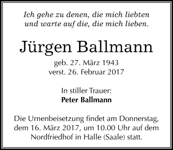 Traueranzeige von Jürgen Ballmann von Mitteldeutsche Zeitung Halle/Saalkreis