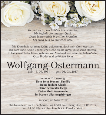 Traueranzeige von Wolfgang Ostermann von Mitteldeutsche Zeitung Naumburg/Nebra